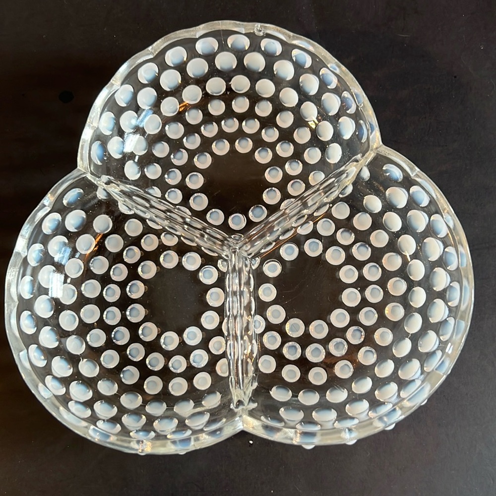 1955‎ Fenton #3822-FO French Opalescent Relish Dish Divided Glass Hobnail 7"
